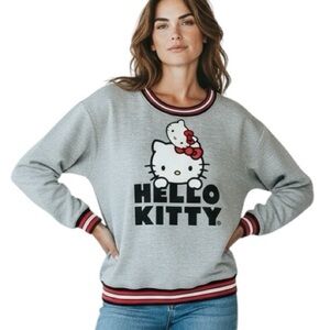 Sanrio Womens Hello Kitty Gray Sweatshirt with Striped Cuffs and Hem XL NEW